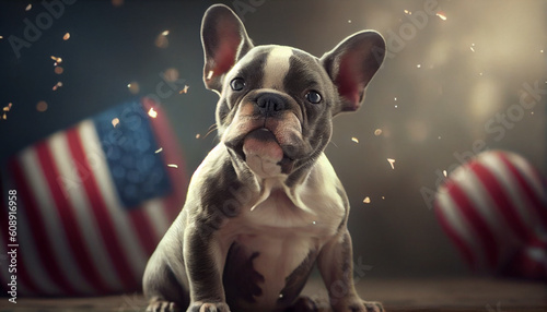 Adorable French bulldog puppy celebrating the 4th of july. US American flag background. American flag for Memorial Day, white graves, 4th of July, Labour Day. Ai generated image photo