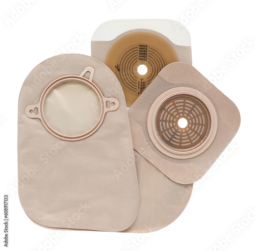 Two piece ostomy appliance including flange, pouch isolated a transparent background