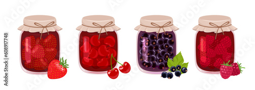 Berry jam in glass jars set. Vector cartoon flat illustration of raspberry, strawberry, blackcurrant and cherry jam. photo