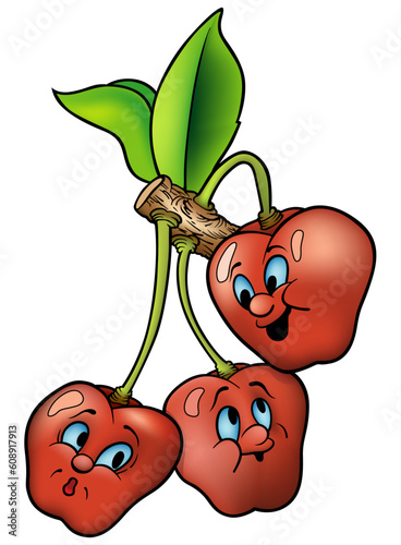 Three Red Cherries with Fac...