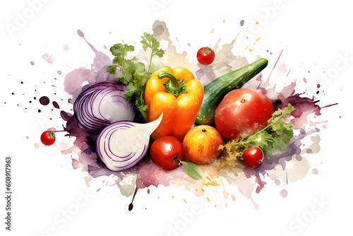 Watercolor design of different kinds of fresh arranged vegetables - Generative AI