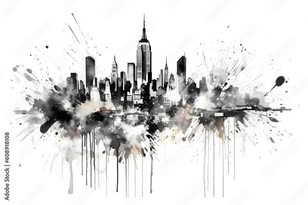 Obraz premium Black and white watercolor effect skyline of New York City - Generative AI