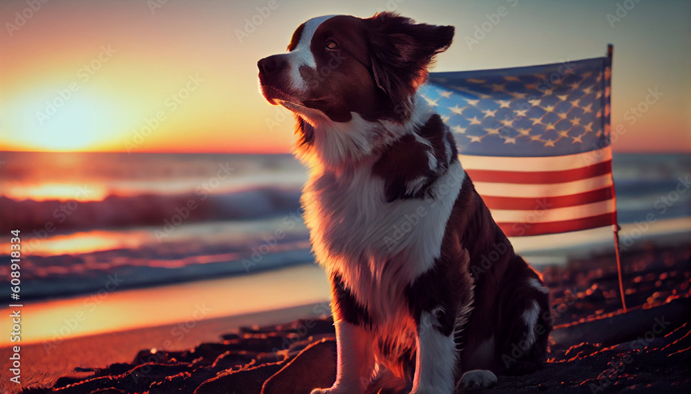 Funny dog holding USA flag at sunset. 4th of july concept.  Ai generated image - obrazy, fototapety, plakaty 