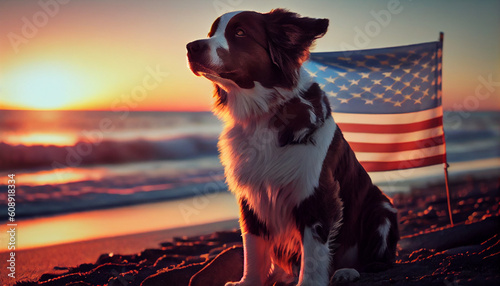 Funny dog holding USA flag at sunset. 4th of july concept.  Ai generated image photo