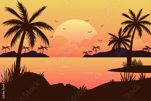 Colorful gradient beach and palm silhouettes landscape background