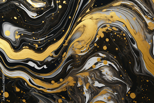 Black and gold marble abstract background. Decorative acrylic paint pouring rock marble texture. Horizontal Black and gold wavy abstract pattern, created with Generative AI 