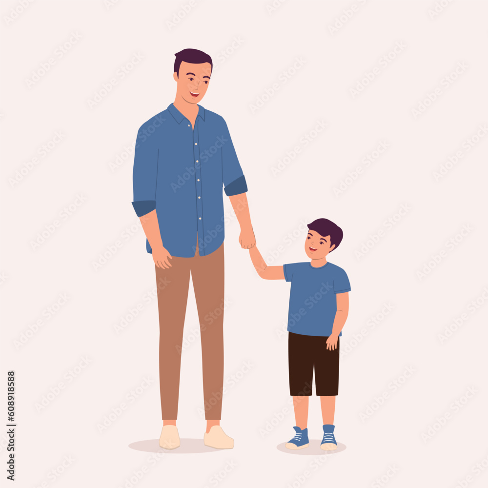 Smiling Father With One Son Standing And Holding Hands Together. Full Length. Flat Design Style, Character, Cartoon. Smiling Father With One Son Standing And Holding Hands Together. Full Length. Flat Design Style, Character, Cartoon.