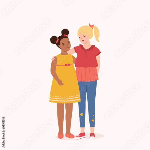 Two Smiling Mixed Race Little Girl With Different Skin Tones And Hair Styles Hugging Each Other With Arm Around. Full Length. Flat Design Style, Character, Cartoon.