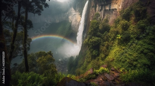beautiful waterfall with rainbow made with generative ai