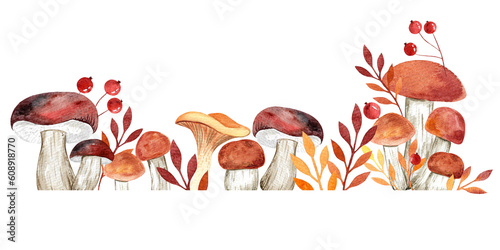 Watercolor square frame on white background. Painted forest mushrooms, rowan berries, leaves and grass.