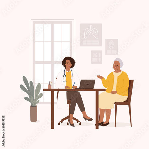 Smiling Black Female Doctor Or General Practitioner Having A Clinical Consultation While Writing Notes For A Senior Woman Patient At Her Office. Full Length. Flat Design Style, Character, Cartoon.