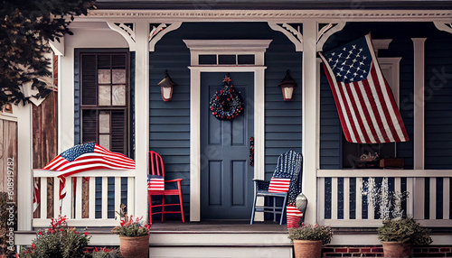 Patriotic 4th of July decor on house exterior. American flag for Memorial Day, white graves, 4th of July, Labour Day. Ai generated image