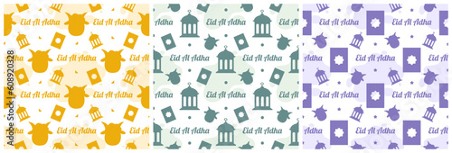 Set of Happy Eid Al Adha Mubarak Seamless Pattern of Muslims Celebration with Sacrificial Animals in Template Hand Drawn Cartoon Flat Illustration
