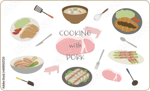 豚肉料理のイラストセット