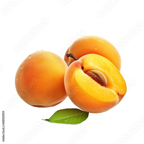 three apricots with leaves on a transparent background. Generative AI
