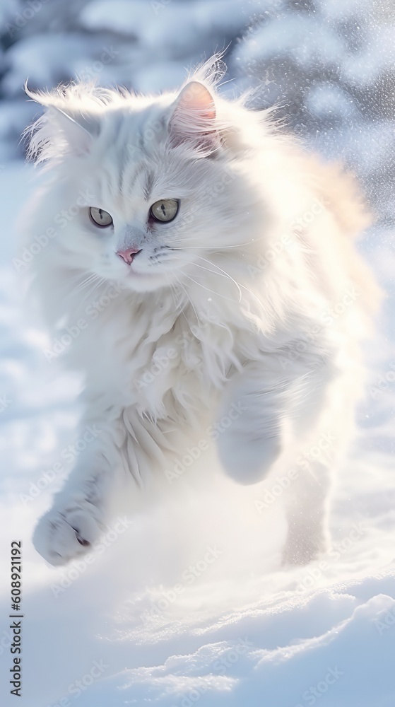 white cat in snow made with generative ai