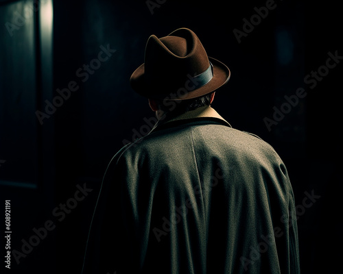 generative ai illustration of detective from behind, cannot see his face