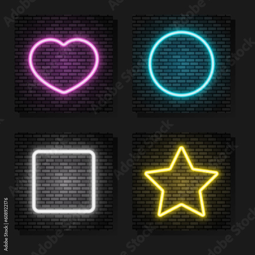 Neon frames collection. Glowing elements of different colors on dark brick wall. Best for polygraphy, print  and web design.