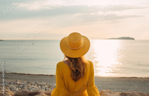 Woman with a hat and long yellow dress sitting on the beach and contemplating the sea. Portraying travel concept. Generative AI.