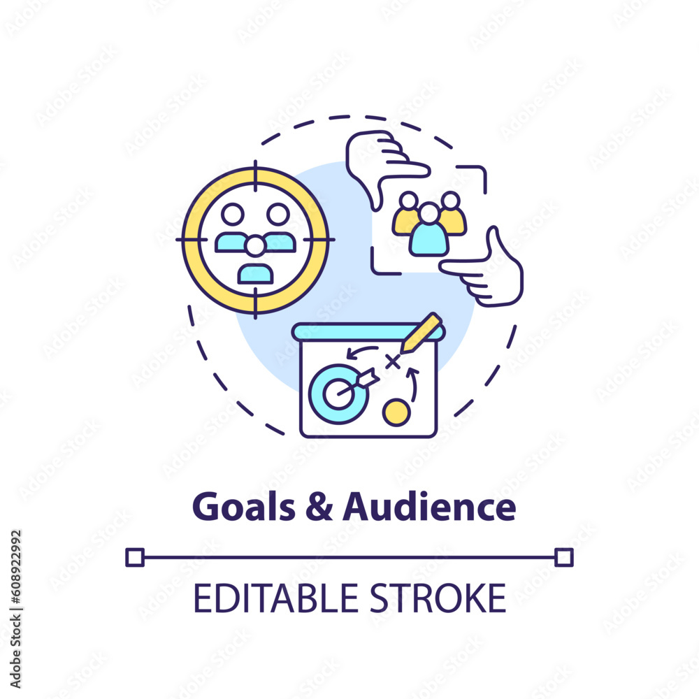 Goals and audience concept icon. Driving sales. Business target. Social media strategy. Personal blog. Marketing plan abstract idea thin line illustration. Isolated outline drawing. Editable stroke Goals and audience concept icon. Driving sales. Business target. Social media strategy. Personal blog. Marketing plan abstract idea thin line illustration. Isolated outline drawing. Editable stroke