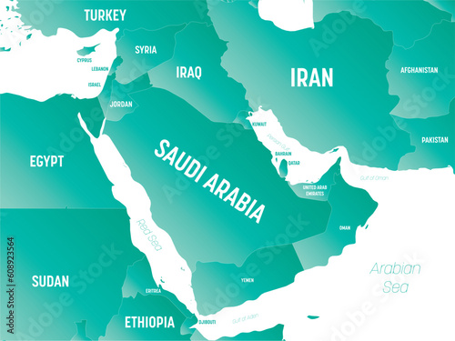 Middle East - high detailed political map of Middle East and Arabian Peninsula region with country, ocean and sea names labeling.