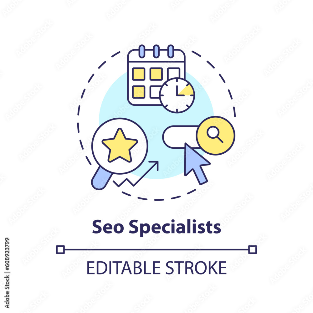 Seo specialists concept icon. Website ranking. Search engine optimization. Content strategy. Digital marketing abstract idea thin line illustration. Isolated outline drawing. Editable stroke