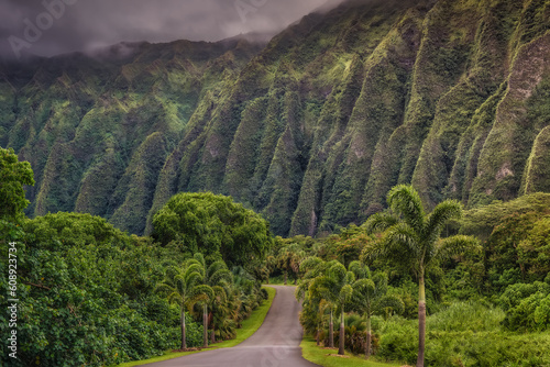 Sunrise at Hoʻomaluhia botanical garden. Road entrance to Hoʻomaluhia Botanical Garden with the big Koolau mountain backdrop. Oahu, Hawaii Islands, USA