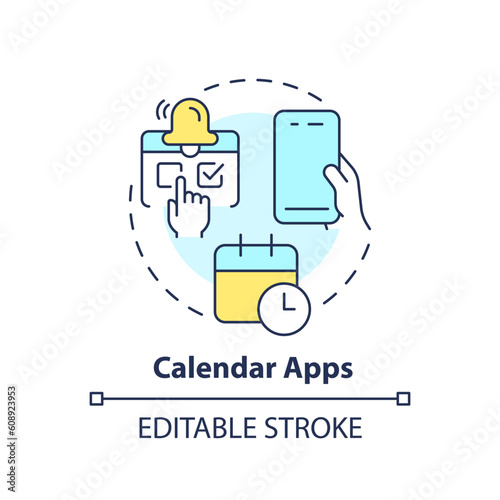 Calendar apps concept icon. Time management. Team work. Content calendar. Increase productivity. Task manager abstract idea thin line illustration. Isolated outline drawing. Editable stroke