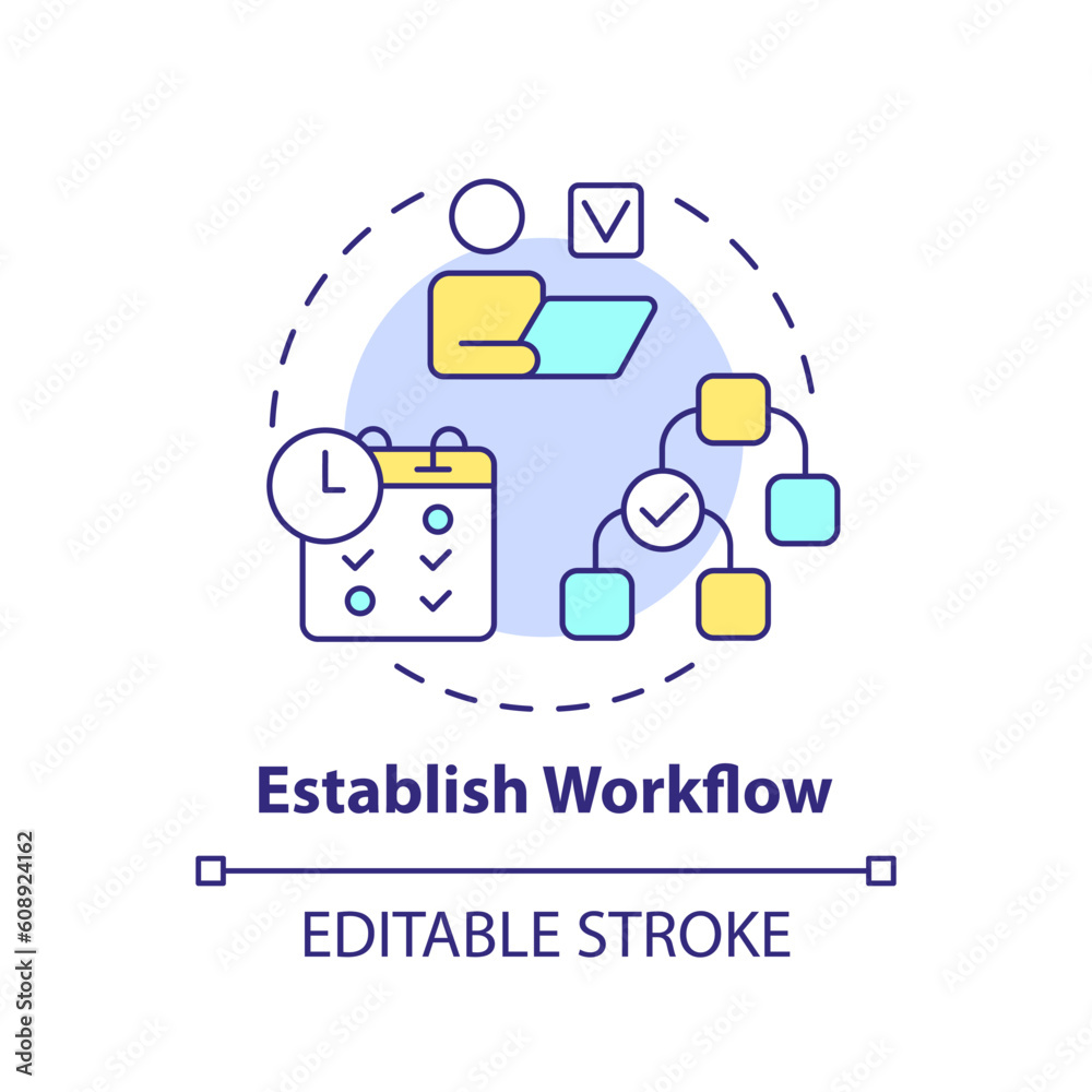Establish workflow concept icon. Roles and responsibilities. Optimization process. Content creation. Project management abstract idea thin line illustration. Isolated outline drawing. Editable stroke Establish workflow concept icon. Roles and responsibilities. Optimization process. Content creation. Project management abstract idea thin line illustration. Isolated outline drawing. Editable stroke