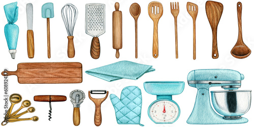 Watercolor hand drawn cooking tools collection