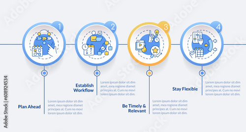 Editorial calendar tips circle infographic template. Content management. Data visualization with 4 steps. Editable timeline info chart. Workflow layout with line icons. Lato-Bold, Regular fonts used