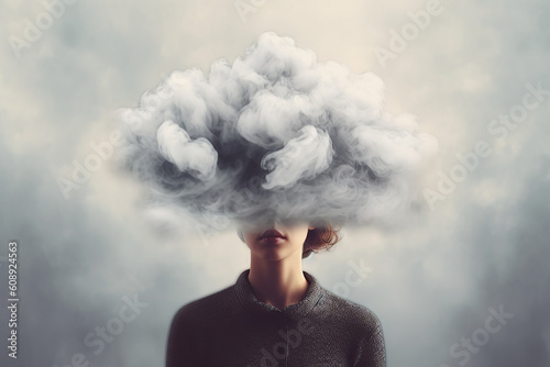 Young woman with her whole head in cloud, Depression, loneliness and mental health concept, Psychology theme, Dreaming, Having racing of memory loss, dementia, created with Generative AI