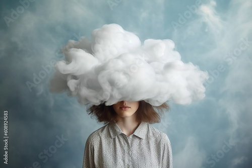 Young woman with her whole head in cloud, Depression, loneliness and mental health concept, Psychology theme, Dreaming, Having racing of memory loss, dementia, created with Generative AI