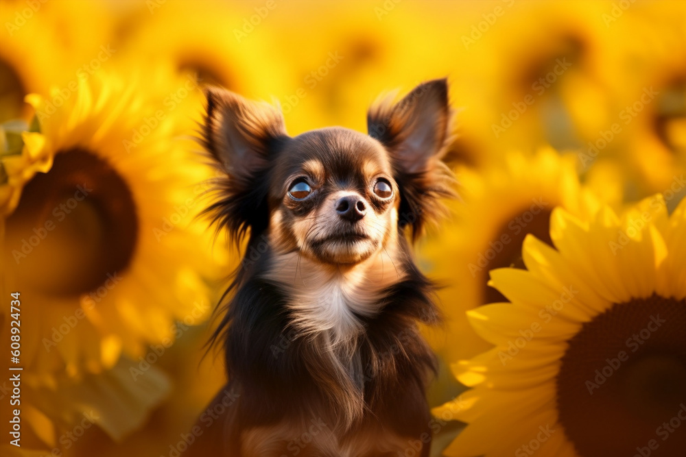 Small dog sitting in sunflower field. Generative AI illustration