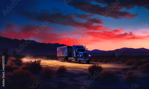 semi truck in the desert at sunset