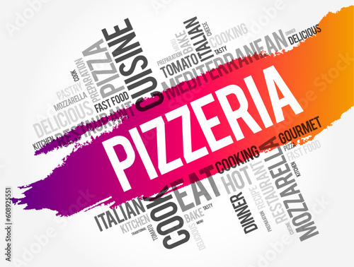 Pizzeria word cloud collage, food concept background