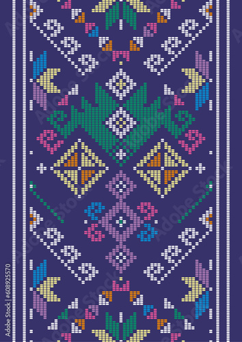 Yakan cloth inspired vector seamless pattern, long vertical folk art textile or fabric print design from Philippines with geometric shapes on purple background photo