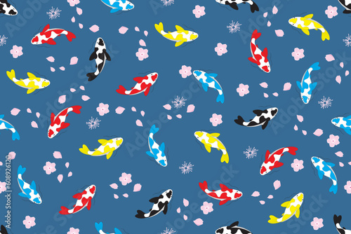 Illustration of koi fish on with pink flower on blue background.