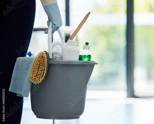 Fotografie Hands, cleaner and bucket of supplies for cleaning, hygiene or disinfection at the office