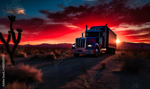 semi truck in the desert at sunset