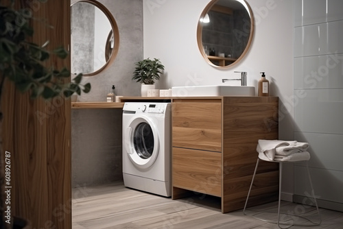 Generative AI. Laundry room. Laundry basket, cleaning accessories on a wooden bench. Scandinavian style interior. Rustic home laundry interior with modern washing machine