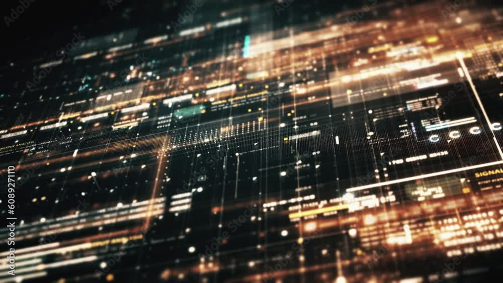 Advance data matrix, telemetry and encrypt numbers simulation user interface display in cyber space abstract de-focus environment background