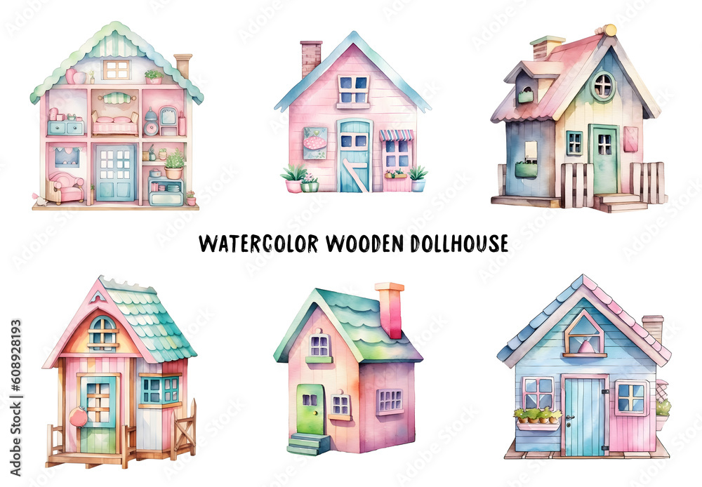 Watercolor Wooden Dollhouse Clipart Bundle High Quality Illustrations. Suitable for Sublimation