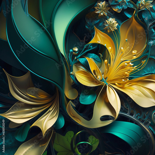 Teal and goldenfantasy flower Illustration.