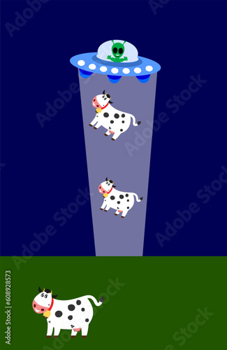 Alien ship kidnapping dairy cow animals in the middle of the night - vector
