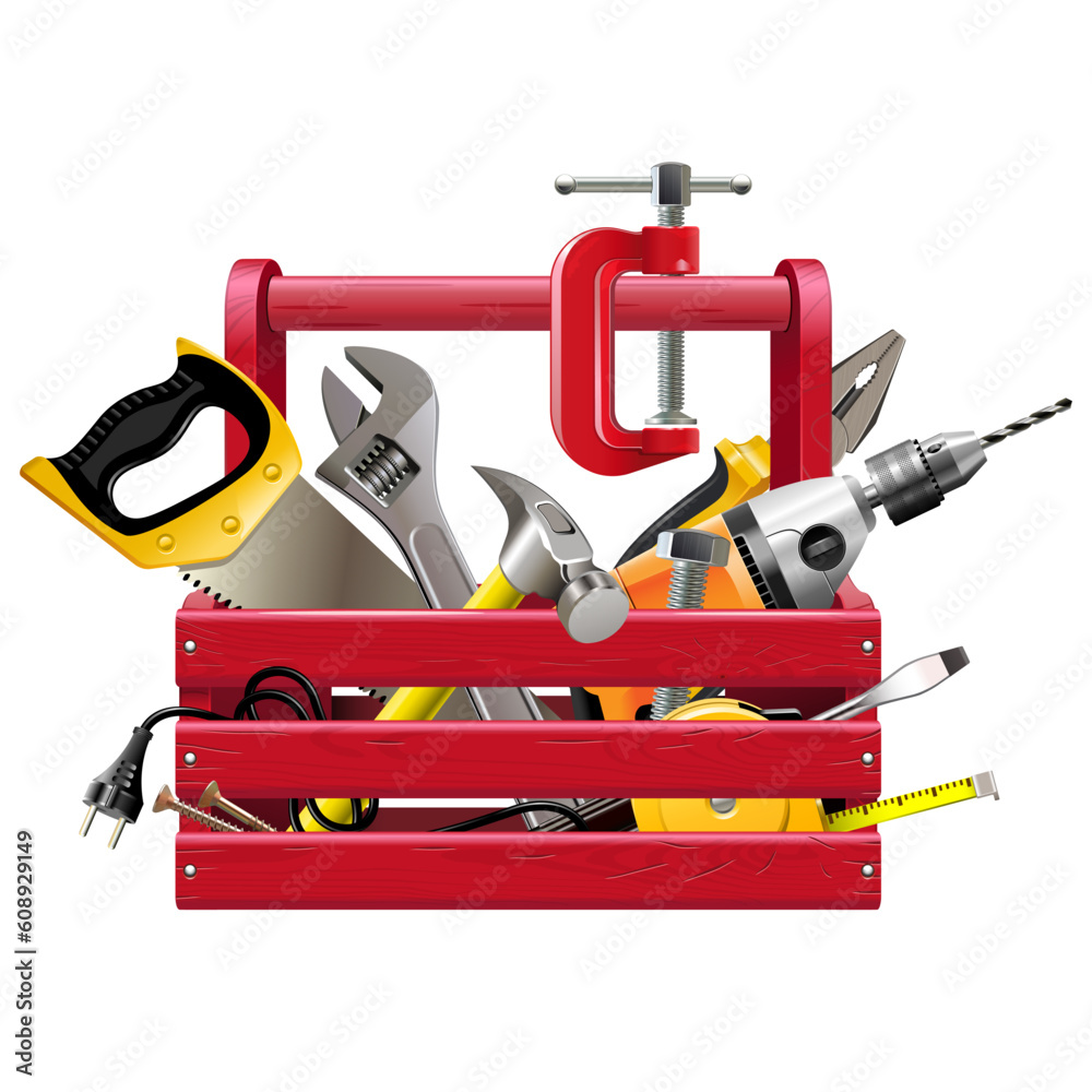 Vector Red Wooden Crate with Tools Vector Red Wooden Crate with Tools