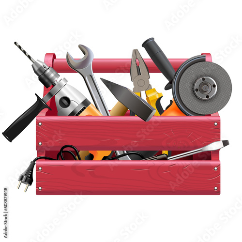 Vector Red Wooden Toolbox with Tools