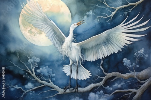 Graceful creature soaring through moonlit skies. Watercolor painting. Generative AI © Kanisorn
