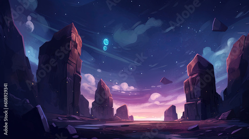 Stone ruins, space, stars, game background illustration