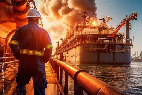 industry with cargo ship engineer worker.
